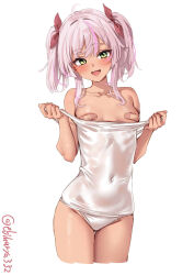 1girl artist_name bandaid bandaids_on_nipples blush breasts collarbone comandante_cappellini_(kancolle) commentary_request covered_navel dark-skinned_female dark_skin ebifurya highres i-503_(kancolle) kantai_collection looking_at_viewer multicolored_hair one-hour_drawing_challenge one-piece_swimsuit open_mouth pasties purple_streaks simple_background small_breasts smile solo streaked_hair swimsuit thighs twitter_username white_background white_hair white_one-piece_swimsuit yellow_eyes