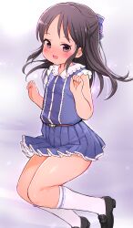 Rule 34 | 1girl, belt, black shoes, blue shirt, blue skirt, blush, bow, brown eyes, brown hair, flat chest, hair bow, highres, idolmaster, idolmaster cinderella girls, idolmaster cinderella girls u149, kneehighs, long hair, md5 mismatch, miniskirt, open mouth, pleated skirt, ribbon, shirt, shoes, skirt, sleeveless, sleeveless shirt, smile, socks, solo, tachibana arisu, thighs, umekko, webp-to-png conversion, white socks