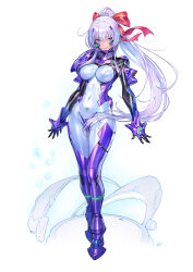 1girl absurdres armored_bodysuit arms_at_sides black_bodysuit blue_bodysuit blue_eyes bodysuit breasts commission covered_navel fortified_suit full_body hair_ribbon headgear highres impossible_bodysuit impossible_clothes large_breasts long_hair looking_at_viewer matsuda_(matsukichi) mecha_pilot_suit multicolored_bodysuit muv-luv muv-luv_alternative muv-luv_total_eclipse original ponytail purple_bodysuit purple_hair ribbon shiny_clothes skeb_commission smile solo standing very_long_hair