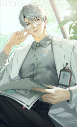 1boy artist_name belt belt_buckle black_pants brown_belt brown_eyes buckle buttons character_name coat collared_shirt commentary_request glasses grey-framed_eyewear grey_hair grey_shirt hair_between_eyes hand_up highres hitotsubashi_ayato holding holding_paper id_card indoors lab_coat lapels lens_flare long_sleeves looking_at_viewer male_focus nijisanji open_clothes open_coat pants paper parted_lips plant riz3 shirt short_hair sitting solo sticky_note sun sunlight twitter_username undercut virtual_youtuber white_coat window wing_collar