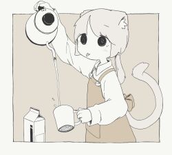 1girl absurdres animal_ears apron arm_up cat_ears cat_girl cat_tail closed_mouth commentary cowboy_shot cup decantering highres holding holding_cup holding_kettle kettle long_sleeves milk_carton monochrome mug new_amool original outside_border solo tail tongue tongue_out