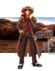 1boy adapted_costume artoki bandana bandolier belt black_belt black_shoes brown_coat brown_hat bullet character_name closed_mouth coat commentary cowboy cowboy_hat cowboy_western english_commentary field full_body grass gunslinger_(ragnarok_online) hat holster looking_at_viewer male_focus mouth_hold one_eye_closed outside_border ragnarok_online red_bandana red_hair red_vest shoes short_hair sign signature smile solo stalk_in_mouth vest western