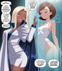 2girls absurdres back black_boots blonde_hair boots breasts brown_hair cloak containment_tube corruption crowley_boots curvy dark_skin disney elastigirl english_text female_pervert green_eyes helen_parr highleg highleg_one-piece_swimsuit highres indoors kidnapped long_hair looking_at_another mature_female medium_breasts miniskirt mirage_(incredibles) multiple_girls nico-neko one-piece_swimsuit pervert see-through_clothes shiny_skin short_hair simple_background skirt smug standing swimsuit the_incredibles thick_thighs thighs tube unconscious white_one-piece_swimsuit wide_hips