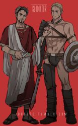 2boys abs alternate_costume alternate_universe ancient_greek_clothes armor artist_name avengers_(series) belt black_armor black_boots black_sandals blonde_hair blue_eyes boots bracelet brown_belt brown_eyes brown_hair chiton closed_mouth english_text facial_hair full_body gold_bracelet gold_ring greco-roman_clothes himation holding holding_shield holding_sword holding_weapon jewelry jo_(artist) laurel_crown looking_at_another male_focus marvel multiple_boys muscular muscular_male necklace pectorals red_background sandals shield short_hair short_sleeves simple_background smile standing star_(symbol) steve_rogers sword tony_stark weapon yellow_belt