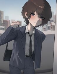 1girl absurdres bag belt black_belt black_necktie blush brown_hair building collared_shirt grey_jacket grey_pants hallway hand_up highres holding holding_bag jacket looking_at_viewer necktie open_clothes open_jacket original pants parted_lips purple_eyes railing shirt shirt_tucked_in short_hair smile solo tyrezal white_shirt