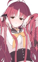 1girl adjusting_hair antenna_hair black_bow black_choker black_sailor_collar black_wrist_cuffs blush bow bowtie braid brown_eyes choker commentary cross cross_choker dracu-riot! frilled_wrist_cuffs frills hair_bow hands_up long_hair long_sleeves looking_at_viewer okaeru open_mouth red_hair sailor_collar school_uniform serafuku shirt simple_background single_braid solo upper_body v-shaped_eyebrows very_long_hair white_background white_shirt wrist_cuffs yarai_miu yellow_bow yellow_bowtie
