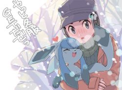 1boy :d bad_id bad_pixiv_id bare_tree baseball_cap blush closed_eyes commentary_request creatures_(company) day earmuffs eyelashes game_freak gen_4_pokemon glaceon green_sweater grey_eyes grey_headwear hat heart holding holding_pokemon jacket long_sleeves lucas_(pokemon) male_focus nintendo open_mouth orange_jacket outdoors pokemon pokemon_(creature) pokemon_dppt sleeves_past_wrists smile snowing sweater tongue translation_request tree xichii