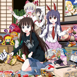 00s 10s 3girls a_channel akaza_akari akemi_homura alternate_costume animal_ears barefoot black_eyes black_hair blonde_hair boku_wa_tomodachi_ga_sukunai bow brand_name_imitation character_doll charlotte_dunois chopsticks clothes_writing coca-cola computer cup_ramen dakimakura_(object) doll female_focus food fujiwara_no_mokou hair_bow hasegawa_kobato hirasawa_yui houraisan_kaguya ichii_tooru infinite_stratos k-on! kneeling kousaka_kirino laptop long_hair mahou_shoujo_madoka_magica mahou_shoujo_madoka_magica_(anime) margery_daw messy_room multiple_girls necktie neet no_pupils noodles ore_no_imouto_ga_konna_ni_kawaii_wake_ga_nai pajamas pillow poster_(object) purple_hair rabbit_ears ramen red_eyes reisen_udongein_inaba rozen_maiden ruu_(tksymkw) shakugan_no_shana shinku silver_hair snack standing standing_on_one_leg surprised sweatdrop television touhou trash turn_pale very_long_hair yoshida_kazumi yuruyuri