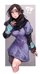 !? 1girl :o breasts brown_hair cropped_legs dress eyelashes highres kyokugen_dasshutsu kyokugen_dasshutsu:_9_jikan_9_nin_9_no_tobira long_hair long_sleeves kurashiki_akane open_mouth purple_dress purple_eyes simple_background solo watch wristwatch zako_(arvinry)