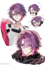 1boy black_jacket chest_harness closed_eyes closed_mouth colored_inner_hair commentary_request crew_neck cropped_shoulders cropped_torso crying curtained_hair grey_eyes harness highres inusaka jacket long_sleeves looking_to_the_side male_focus multicolored_hair multiple_views nijisanji open_clothes open_jacket open_mouth parted_hair pink_hair purple_hair shirt short_hair sideways_glance simple_background smile two-sided_fabric two-sided_jacket virtual_youtuber watarai_hibari white_background white_shirt