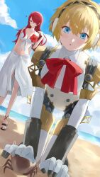 2girls :o ? aigis_(persona) all_fours beach bikini blonde_hair blue_eyes cloud crab front-tie_bikini_top front-tie_top hair_over_one_eye highres kirijou_mitsuru konchi_(63438789) multiple_girls outdoors persona persona_3 red_hair sarong sky swimsuit white_bikini white_sarong