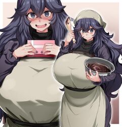 1girl @_@ absurdres alternate_breast_size_(larger) apron blush border bowl breasts chocolate closed_mouth cowboy_shot dress gradient_background grey_headscarf hair_between_eyes headscarf hex_maniac_(pokemon) highres holding holding_bowl huge_breasts long_hair long_sleeves looking_at_viewer maki_ikazuya matching_hair/eyes multiple_views nail_polish nintendo open_mouth pokemon pokemon_xy purple_dress purple_eyes purple_hair purple_nails smile solo standing sweater turtleneck turtleneck_sweater wavy_mouth white_border