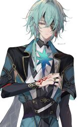1boy anaxa_(honkai:_star_rail) aqua_hair azero_a0 closed_mouth commentary eyepatch hand_tattoo hashtag-only_commentary highres honkai:_star_rail honkai_(series) male_focus medium_hair one_eye_covered red_tattoo side_ponytail simple_background solo tattoo twitter_username upper_body white_background
