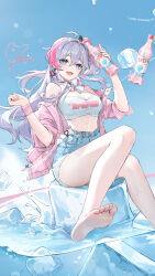 Rule 34 | 1girl, absurdres, ahoge, alternate costume, bare legs, bare shoulders, barefoot, black choker, blue eyes, blue shorts, bottle, breasts, choker, cleavage, criss-cross halter, crop top, cutoffs, denim, denim shorts, earrings, feet, halterneck, hands up, heart, heart-shaped pupils, high-waist shorts, highres, holding, holding bottle, ice, ice cube, jacket, jewelry, kanami (strinova), large breasts, long hair, looking at viewer, midriff, multicolored hair, off shoulder, official art, one side up, open clothes, open jacket, open mouth, pink jacket, shirt, short shorts, short sleeves, shorts, sitting, sleeveless, sleeveless shirt, smile, soles, solo, streaked hair, strinova, sweatband, symbol-shaped pupils, thighs, toes, two-tone hair, very long hair, white hair, white shirt