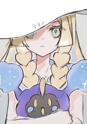 Rule 34 | 1girl, blonde hair, blunt bangs, braid, breasts, c0smi5, closed mouth, cosmog, dress, frown, gen 7 pokemon, green eyes, hat, holding, legendary pokemon, lillie (pokemon), long hair, looking at viewer, nintendo, pokemon, pokemon sm, simple background, sleeveless, sleeveless dress, sun hat, twin braids, upper body, white dress, white hat