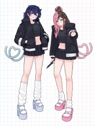 2girls absurdres alternate_costume black_jacket black_skirt black_tank_top blue_eyes blue_hair blue_hoodie brown_hair cat_tail finger_heart full_body grid_background hair_between_eyes hair_bun hands_in_pockets heart heart_tail high_heels highres holding holding_knife hood hoodie ichinose_uruha jacket knife long_hair looking_at_viewer loose_socks midriff miniskirt multicolored_hair multiple_girls navel open_clothes open_jacket open_mouth parted_bangs pink_hair pleated_skirt purple_eyes skirt small_horns socks split-color_hair standing tachibana_hinano tail tank_top two-tone_hair virtual_youtuber vspo! white_background white_socks zephda