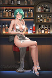 ahoge alcohol asymmetrical_hair bag bar_(place) bar_stool blush breasts cleavage commentary commission cosplay dead_or_alive dead_or_alive_xtreme dead_or_alive_xtreme_venus_vacation dress english_commentary evening_gown green_eyes green_hair handbag high_heels highres medium_breasts mole mole_under_eye multicolored_hair porblee red_streaks shoes silver_shoes st._louis_(azur_lane) st._louis_(azur_lane)_(cosplay) stool streaked_hair tamaki_(doa)