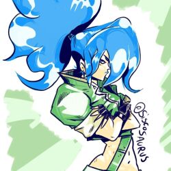 Rule 34 | 1girl, blue eyes, blue hair, democane, female focus, gloves, jacket, leather, leona heidern, long hair, looking at viewer, military, pale skin, ponytail, siscosaurus, the king of fighters, wide hips