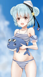 1girl bikini black_ribbon blue_hair blue_whale dixie_cup_hat double_bun hair_bun hat hat_ribbon highres inflatable_armbands kantai_collection koru_pera little_blue_whale_(kancolle) looking_at_viewer military_hat navel official_alternate_costume open_mouth ribbon samuel_b._roberts_(kancolle) samuel_b._roberts_(swimsuit)_(kancolle) short_hair smile striped_bikini striped_clothes swimsuit whale yellow_eyes