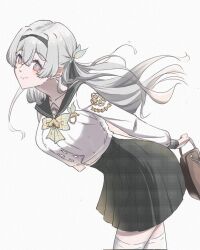 1girl arms_behind_back bag black_hairband black_ribbon black_sailor_collar black_skirt blue_pupils bow bowtie brown_bag checkered_bow checkered_bowtie checkered_clothes closed_mouth collared_shirt firefly_(honkai:_star_rail) firefly_(spring_missive)_(honkai:_star_rail) green_bow green_bowtie grey_hair hair_between_eyes hair_intakes hair_ornament hair_ribbon hairband handbag honkai:_star_rail honkai_(series) kurisu1904 long_hair multicolored_eyes pleated_skirt ribbon sailor_collar school_uniform serafuku shirt simple_background skirt smile solo thighhighs two-tone_eyes white_background white_shirt white_thighhighs