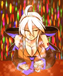 Rule 34 | 1girl, arm tattoo, bare shoulders, black bow, black sleeves, blue bow, blue nails, blue necktie, blue trim, bow, breast rest, breasts, breasts on table, cleavage, closed mouth, collarbone, commentary request, cup, detached sleeves, double-parted bangs, drinking glass, eyelashes, fingernails, hair between eyes, hair bow, headset, large breasts, long eyelashes, long hair, long sleeves, nail polish, necktie, red eyes, red tattoo, shot glass, sideways glance, smith hioka, solo, tattoo, two-tone bow, vocaloid, white hair, yowane haku