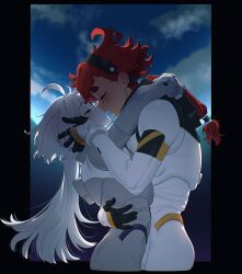 2girls ahoge arms_around_neck baesong black_border black_gloves border closed_eyes commentary_request earth_(planet) gloves gundam gundam_suisei_no_majo hand_on_another&#039;s_head hand_on_another&#039;s_waist kiss korean_commentary long_hair miorine_rembran multiple_girls planet red_hair space spacesuit suletta_mercury white_hair yuri