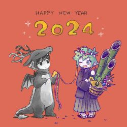 2024 2boys alternate_costume animal_costume bamboo_shoot basil_(headspace)_(omori) basil_(omori) black_eyes black_hair blush bucket closed_mouth colored_skin dragon_costume flower green_eyes green_hair happy_new_year head_wreath holding holding_bucket holding_party_popper looking_at_another male_focus multiple_boys new_year omori omori_(omori) open_mouth party_popper red_background sandals short_hair simple_background smile socks something_(omori) sun_iiinu white_skin white_socks wooden_bucket