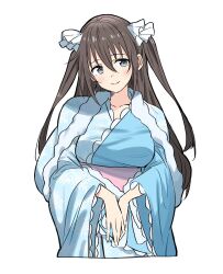 1girl bien_(djpwjd1) blue_eyes blue_kimono brown_hair hair_between_eyes highres japanese_clothes kimono long_hair long_sleeves love_live! love_live!_nijigasaki_high_school_idol_club nijigaku_hyakkiyakou obi official_alternate_costume osaka_shizuku own_hands_together pink_sash print_kimono sash simple_background snowflake_print solo two_side_up white_background