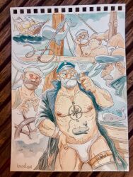 4boys arm_hair bara beard blush briefs bulge chest_hair coat colored_pencil_(medium) elbow_rest facial_hair feet_out_of_frame fidgeting frown grey_tank_top hairy harpoon hat heart heart-shaped_eyes highres holding holding_smoking_pipe index_finger_raised large_areolae large_pectorals leg_belt leg_hair looking_ahead looking_at_another male_focus male_harem male_underwear mature_male multiple_boys muscular muscular_male mustache navel navel_hair nipples no_pants ocean old old_man original pectorals photo_(medium) plump pole polleiro_(ismaeloferreri) sailor sailor_hat ship ship&#039;s_wheel ship_captain short_hair smoking_pipe standing stomach stripper_pole strongman_waist tank_top thick_eyebrows thick_mustache thick_thighs thighhighs thighs topless_male traditional_media underwear watercraft whale whale_tattoo white_male_underwear wood wrinkled_skin yaoi