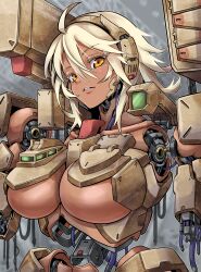 1girl absurdres ahoge amputee android blonde_hair breasts cable commission dark-skinned_female dark_skin giant giantess glass_cockpit highres large_breasts looking_at_viewer mecha mecha_musume mechabare missile_pod original revealing_clothes robot short_hair skeb_commission solo take_nii torso underboob yellow_eyes