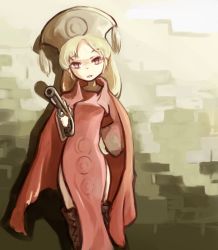 1girl bad_id bad_pixiv_id blonde_hair boots dress female_focus final_fantasy final_fantasy_tactics gun hand_on_own_hip handgun hat highres long_hair orator_(fft) pistol shitoshine solo tsurime weapon