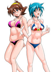 1990s_(style) 2girls :d adapted_costume allenby_beardsley armpits arms_behind_back back-to-back bikini blue_eyes blue_hair blush breasts breasts_apart brown_hair cleavage g_gundam grin gundam hair_between_eyes hairband large_breasts lipstick locked_arms looking_at_viewer lowleg lowleg_bikini makeup medium_breasts multicolored_bikini multiple_girls navel open_mouth rain_mikamura retro_artstyle shiny_skin short_hair shu-z sideboob simple_background skindentation smile standing striped_bikini striped_clothes swimsuit thumbs_up white_background wide_hips