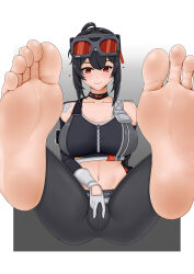 Rule 34 | 1girl, absurdres, ahoge, akira8732587, barefoot, black background, black choker, black gloves, black hair, black pants, black tank top, border, breasts, cameltoe, choker, cleavage, closed mouth, collarbone, crop top, elbow gloves, facing viewer, feet, foot focus, foreshortening, gloves, goggles, goggles on head, grace howard, grey background, hair between eyes, highres, large breasts, long hair, looking at viewer, navel, outside border, pants, presenting foot, red eyes, sitting, smell, smile, soles, solo, tank top, tight clothes, tight pants, toes, v, white background, white border, zenless zone zero