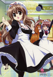 Rule 34 | 2girls, absurdres, blue eyes, bow, brown eyes, brown hair, cosplay, costume switch, hat, highres, kosuge kazuhisa, long hair, maid, mallet, meat tenderizer, multiple girls, nogizaka haruka, nogizaka haruka no himitsu, nogizaka mika, non-web source, pantyhose, ribbon, siblings, sisters, twintails