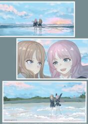 Rule 34 | 2girls, bang dream!, bang dream! it&#039;s mygo!!!!!, blue eyes, blue shirt, blue skirt, brown hair, chihaya anon, chinese commentary, closed eyes, closed mouth, commentary request, dazhong (dazhong02312), from behind, grey neckerchief, highres, holding hands, long hair, midriff peek, multiple girls, nagasaki soyo, neckerchief, open mouth, outdoors, pink hair, pleated skirt, reflection, reflective water, shirt, sidelocks, skirt, teeth, upper teeth only, wading, yuri
