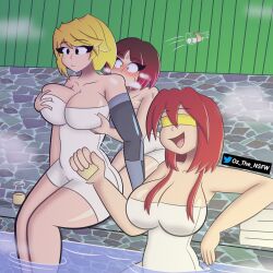 alisha ass bathtub bete_noire big_breasts blonde_hair blush blushing_girls_are_cute_(template) breasts brown_hair covered_eyes eria0909 glitchtale green_eyes green_wall highres mechanical_arms multiple_drawing_challenge red_hair single_mechanical_arm towel undertale z!betty