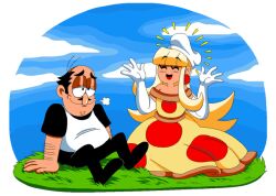 1boy 1girl blonde_hair chef_hat closed_eyes cloud couple day happy hat long_hair mature_female original peppino_spaghetti pizza_princess_(tinytoxicwaste101) pizza_tower plain princess resting sky smile tinytoxicwaste101