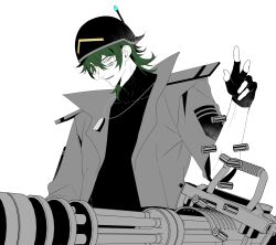1boy absurdres arm_at_side chain cheek_tattoo chinese_commentary collared_jacket commentary_request fingerless_gloves gatling_pea_(plants_vs._zombies) gloves green_hair grin gun hand_up helmet highres jacket lanyard looking_at_viewer male_focus medium_hair open_clothes open_jacket partially_colored personification plants_vs._zombies plants_vs._zombies_2 shirt short-sleeved_jacket short_sleeves siiiiiiiiiii simple_background smile solo tattoo turtleneck turtleneck_shirt upper_body w weapon white_background yellow_eyes