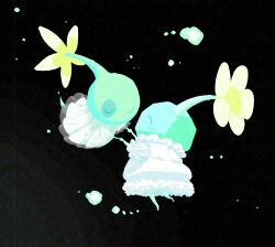 Rule 34 | ^ ^, aqua skin, black background, blush stickers, closed eyes, colored skin, creature, creature focus, dancing, dress, face-to-face, fashion, fireflies, floating, flower, flying, frilled dress, frilled sleeves, frills, ghost tail, glow pikmin, happy, highres, holding hands, ice, ice pikmin, long dress, long sleeves, medium dress, nintendo, no humans, no mouth, petticoat, pikmin (creature), pikmin (series), pikmin 4, puffy long sleeves, puffy sleeves, simple background, striped clothes, striped dress, three-quarter sleeves, vertical-striped clothes, vertical-striped dress, white dress, wide sleeves, yellow flower, yu pikmin