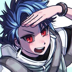 Rule 34 | 1boy, blue hair, commentary request, cu chulainn (fate), earrings, fate/grand order, fate (series), hwanm fate, jewelry, korean commentary, male focus, open mouth, portrait, red eyes, setanta (fate), smile, solo, v-shaped eyebrows