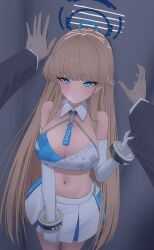 1girl alternate_costume blonde_hair blue_archive blue_halo braid breasts cheerleader clothes_grab crop_top half_up_braid halo highres large_breasts long_hair looking_at_viewer maji_(majidesu3) millennium_cheerleader_outfit_(blue_archive) multicolored_hair pov skirt sleeve_grab solo_focus sports_bra streaked_hair sweat text_print toki_(blue_archive) two-tone_skirt two-tone_sports_bra white_skirt
