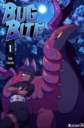 1boy absurdres andre_(cuchuflin) angry arachnid_humanoid black_dress blue_eyes cover cover_page cuchuflin dark-skinned_male dark_skin dress gen_5_pokemon hair_bun highres male_focus moon night nintendo original pokemon pokemon_(creature) scolipede trap