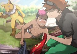 2boys barefoot blue_oak blush brown_hair erection gen_1_pokemon heart heart-shaped_pupils highres hypno likaon male_focus multiple_boys nintendo nipples open_mouth outdoors penis pokemon pokemon_(anime) pokemon_horizons pokemon_sm roy_(pokemon) shota smile symbol-shaped_pupils tagme uncensored underwear underwear_only unworn_clothes yaoi