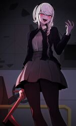 Rule 34 | 1girl, black hairband, black jacket, black leggings, braid, chinuki, collared shirt, corruption, dark persona, evil grin, evil smile, feet out of frame, grey shirt, grin, hair over shoulder, hairband, hand up, highres, holding, holding scythe, holding weapon, jacket, kirifuji nozomi, leggings, long hair, neck ribbon, nozomi-g (hundred line), official alternate eye color, possessed, possession, ribbon, scythe, shirt, skirt, smile, solo, spoilers, the hundred line -last defense academy-, weapon, white hair, white shirt