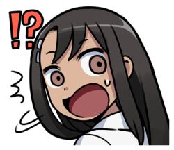 !? 1girl 774_(nanashi) :o black_hair brown_eyes collared_shirt ijiranaide_nagatoro-san long_hair looking_at_viewer lowres nagatoro_hayase open_mouth shirt simple_background solo surprised tan upper_body white_background white_shirt