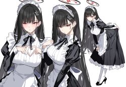 1girl apron black_dress black_hair blue_archive blush breasts dress full_body hair_ornament hairclip halo heart heart_hands high_heels highres large_breasts leaning_forward long_hair long_sleeves looking_at_viewer looking_to_the_side maid_headdress multiple_views red_eyes rio_(blue_archive) shigure_s white_apron