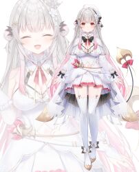 1girl :d ^_^ absurdres bare_shoulders beret black_bow blush bow breasts bridal_gauntlets capelet cleavage closed_eyes closed_mouth clothing_cutout commentary_request crown double_bun dress flower grey_hair hair_bun hair_flower hair_ornament hat highres indie_virtual_youtuber large_breasts long_hair long_sleeves mini_crown multicolored_hair multiple_views navel navel_cutout official_art open_mouth pink_hair pleated_dress puffy_long_sleeves puffy_sleeves red_eyes rucaco shoes simple_background sleeves_past_wrists smile streaked_hair suou_patra suou_patra_(10th_costume) tail thighhighs tilted_headwear very_long_hair virtual_youtuber white_background white_capelet white_dress white_flower white_footwear white_headwear white_thighhighs