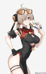 1girl absurdres alphaart black_dress black_gloves blonde_hair blue_eyes breasts can china_dress chinese_clothes commentary covered_navel cowboy_shot cutout_above_navel dress eyewear_on_head fingerless_gloves from_side gloves grey_background hand_fan hand_up headgear highres holding holding_can light_blush looking_at_viewer medium_breasts orange-tinted_eyewear paid_reward_available parted_lips short_hair simple_background single_fingerless_glove smile solo sunglasses sweety_(zenless_zone_zero) thighs tinted_eyewear tuanshan zenless_zone_zero