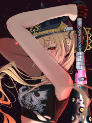 Rule 34 | 1girl, arms up, bare shoulders, baseball bat, black background, black gloves, black shirt, blonde hair, combat helmet, commentary request, crop top, gloves, hatogayar, helmet, highres, holding, holding baseball bat, holding weapon, long hair, looking at viewer, luciana de montefio, metal baseball bat, partial commentary, pickelhaube, print shirt, red eyes, revision, shirt, side ponytail, simple background, sleeveless, sleeveless shirt, solo, torn clothes, torn shirt, upper body, weapon, zenless zone zero