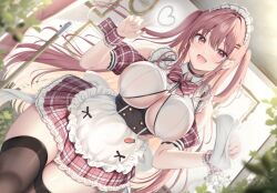 Rule 34 | 1girl, apron, black thighhighs, blush, bow, bowtie, breasts, cleavage, commentary request, dutch angle, fingernails, frilled apron, frills, hair between eyes, hair ornament, hairclip, heart, large breasts, long hair, looking at viewer, maid, maid apron, maid headdress, open mouth, original, red bow, red bowtie, red eyes, red hair, sidelocks, solo, striped bow, striped bowtie, striped clothes, thighhighs, thighs, tomoo (tomo), very long hair, waist apron, white apron, wrist cuffs